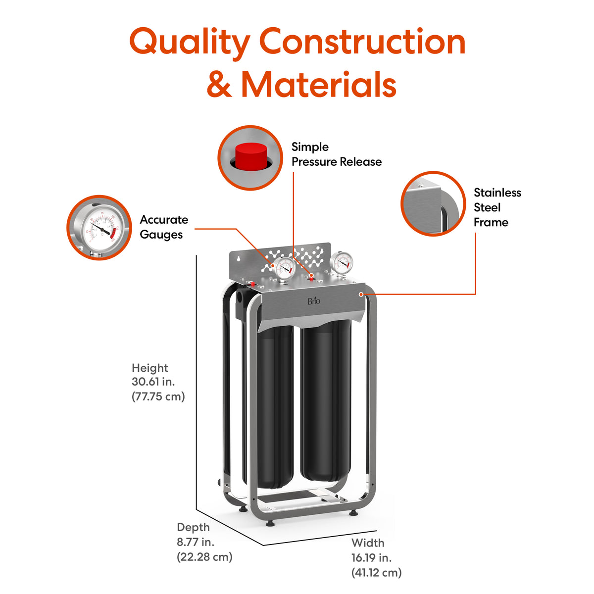 The 2-Stage Whole House Filtration System - 20" Anti-Scale features accurate gauges, a simple pressure release, and a stainless steel frame. Dimensions: 30.61 in (H) x 8.77 in (D) x 16.19 in (W).