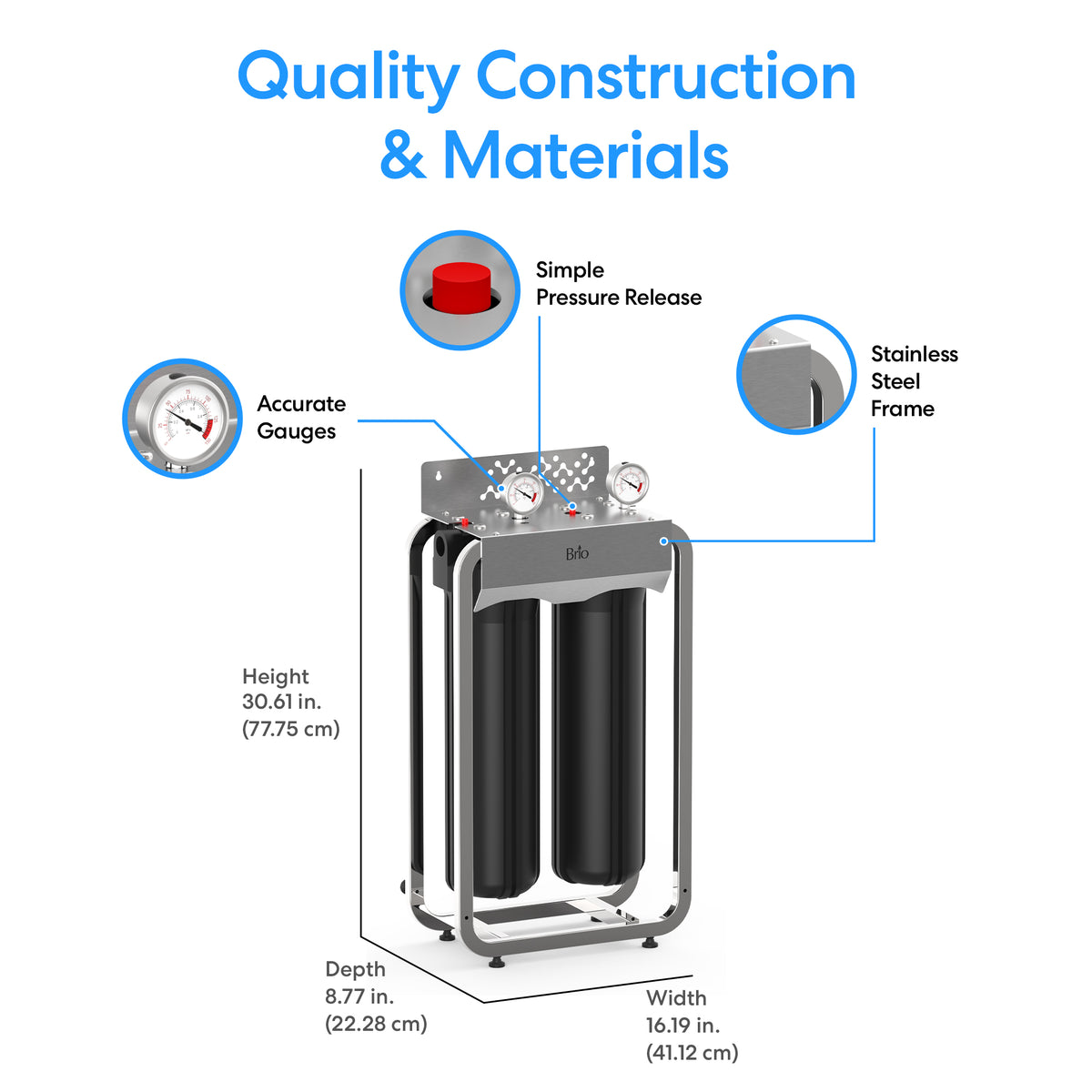 The 2-Stage Whole House Filtration System - 20" Multi-Purpose features a stainless steel frame, pressure gauges, simple pressure release, sediment filter, and coconut carbon block filter. Dimensions: 30.61"H x 8.77"D x 16.19"W.