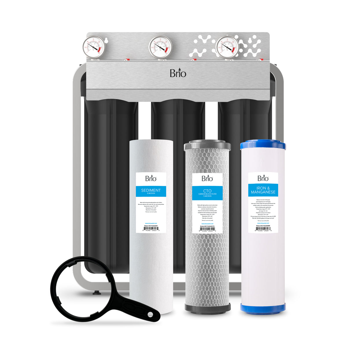 Three replacement water filter cartridges and a black filter wrench are shown in front of the Brio 3-Stage Whole House Filtration System - 20" Iron & Manganese, featuring pressure gauges on top for efficient iron and manganese removal.