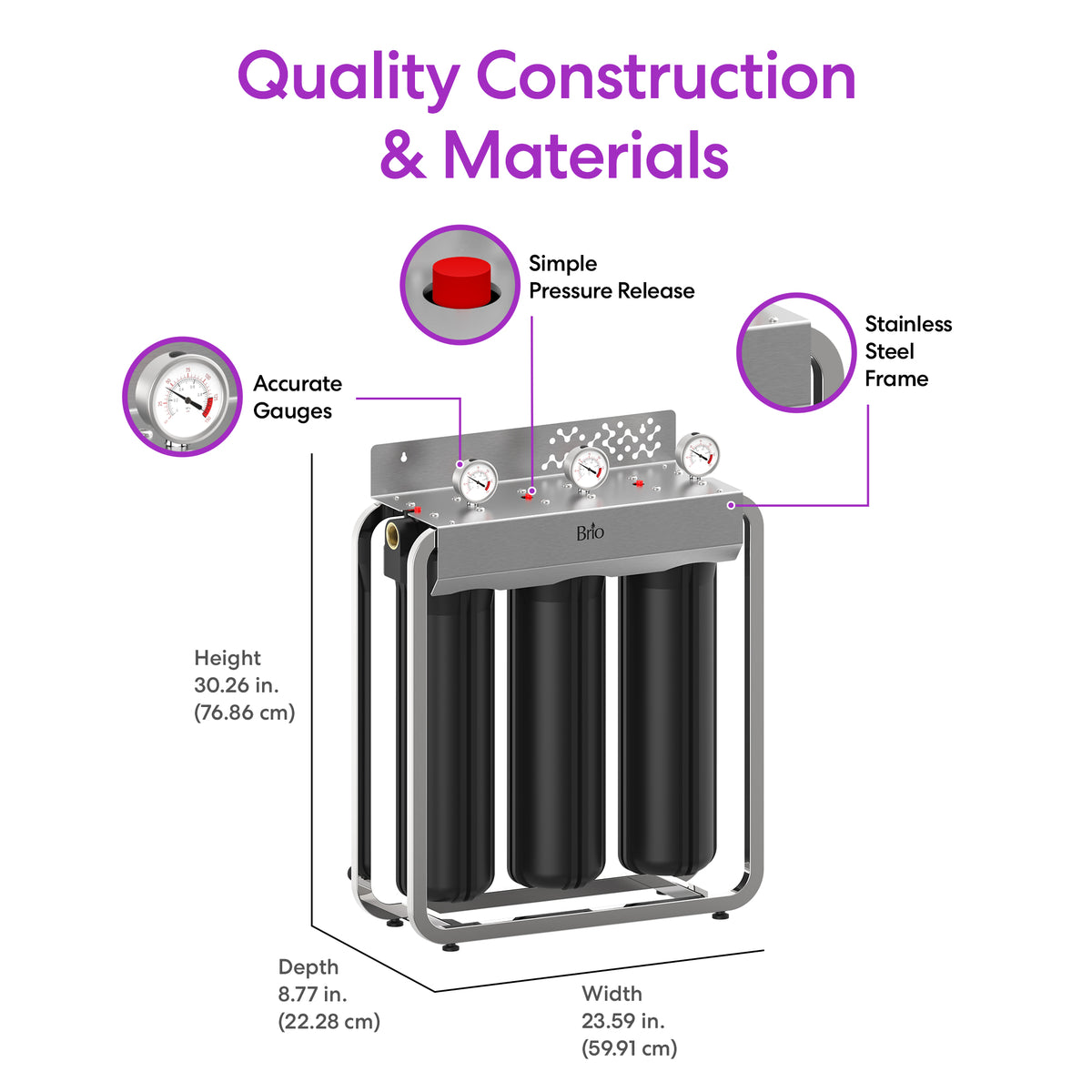 The 3-Stage Whole House Filtration System - 20″ Iron & Manganese features three black filter cylinders in a durable stainless steel frame, equipped with pressure gauges and an easy-to-use pressure release system. Designed to provide cleaner water throughout your home, it effectively removes impurities such as iron and manganese. Dimensions: 30.26″ height, 23.59″ width, and 8.77″ depth.
