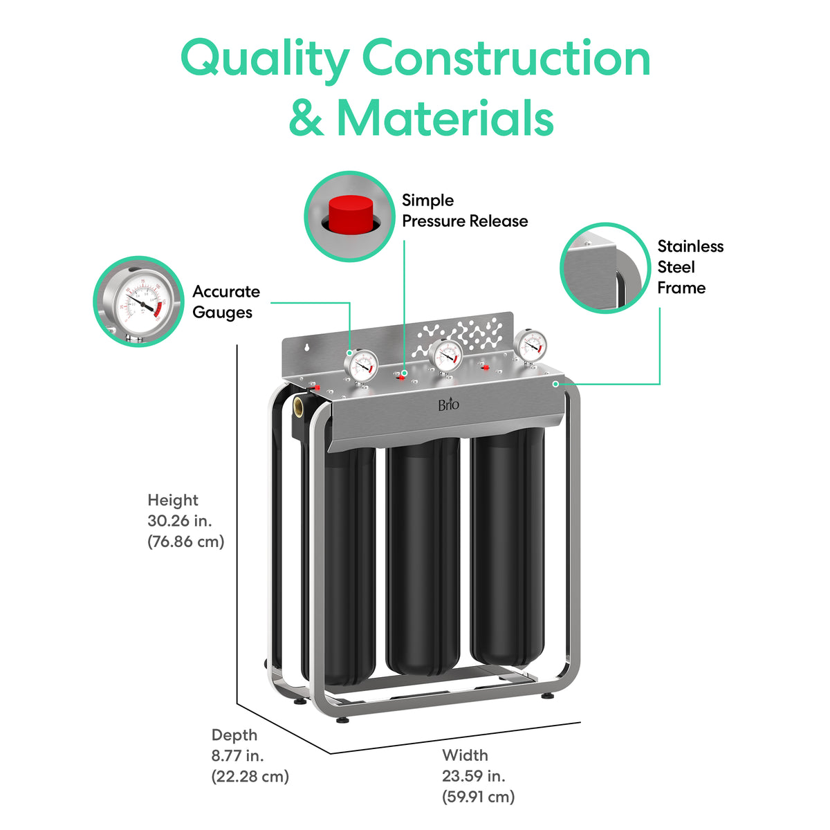 The 3-Stage Whole House Filtration System - 20″ Heavy Metals Filter is a comprehensive water filtration unit designed for whole-home protection. It features three stages of filtration, precise gauges, an easy pressure release mechanism, and a sturdy stainless steel frame. The integrated heavy metals filter provides enhanced contaminant removal. Dimensions are 30.26 inches in height, 8.77 inches in depth, and 23.59 inches in width.
