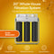 The 3-Stage Whole House Filtration System - 20" Anti-Scale features three black cartridges for scale reduction, a 900 GPH flow rate, and easy installation—displayed on an orange background with water splash graphics.