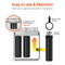 The 3-Stage Whole House Filtration System - 20" Anti-Scale features three black filter housings, a control panel, wall-mount option, filter housing wrench, labeled features, and an arrow showing the twist-off function for easy filter changes.