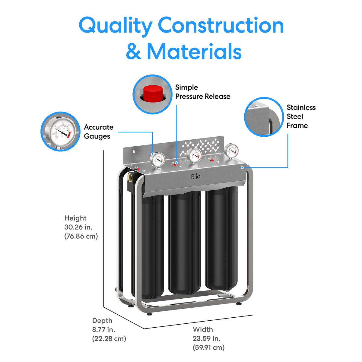 Introducing the 3-Stage Whole House Filtration System - 20″ Multi-Purpose Filter, featuring clearly labeled accurate gauges, a user-friendly pressure release mechanism, and a durable stainless steel frame. This three-stage water filtration unit provides clean water throughout your home. Dimensions: height 30.26 in, depth 8.77 in, width 23.59 in.