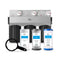 A 3-Stage Whole House Filtration System - 10" Iron & Manganese with pressure gauges, three black housings, a filter wrench, and labeled sediment, CTO, and iron & manganese filters placed in front of the unit.