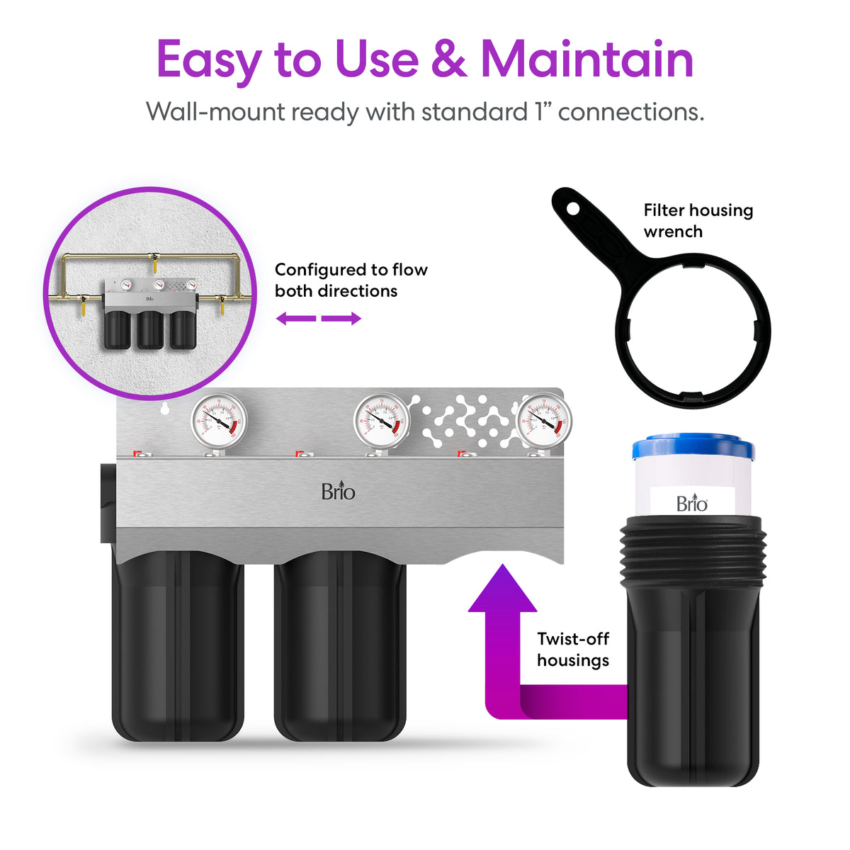 A diagram of the Brio 3-Stage Whole House Filtration System - 10" Iron & Manganese, highlighting its sediment filter stages for comprehensive home water filtration.