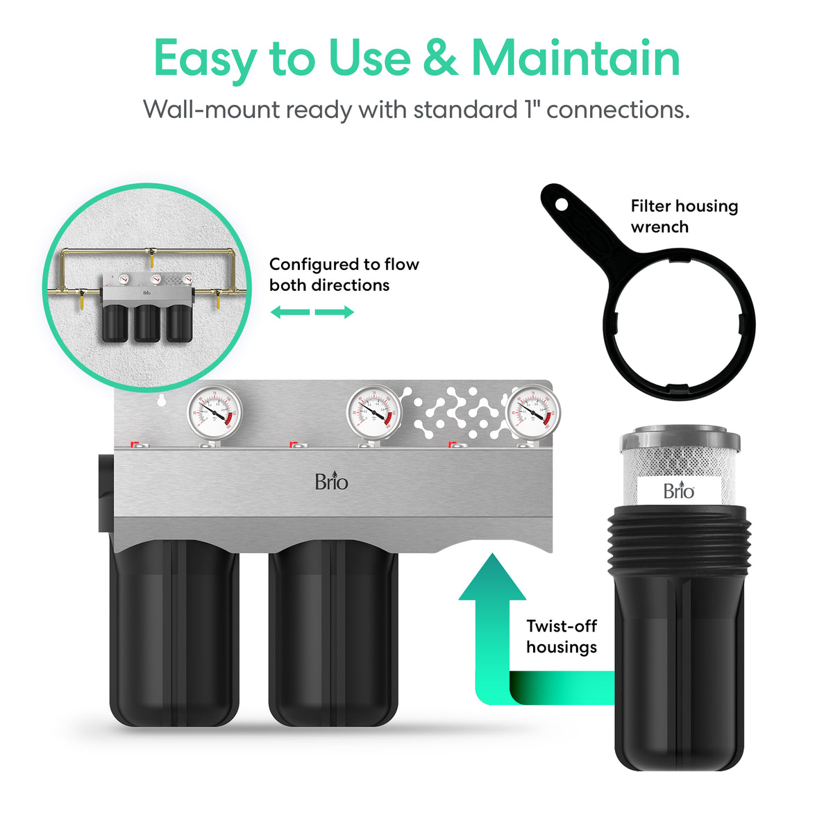 Image of the 3-Stage Whole House Filtration System - 10" Heavy Metals with three black housings, gauges, filter wrench, and labels for easy installation, bidirectional flow, and twist-off housings for whole house filtration.