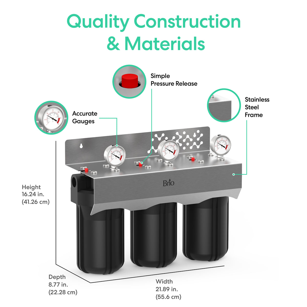 3-Stage Whole House Filtration System - 10" Heavy Metals: Features stainless steel frame, three black filter housings, pressure gauges, red release button, and labeled dimensions—ideal for reducing heavy metals in your home's water.