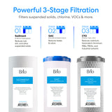 Brio multi purpose whole house filtration system uses three filters, sediment, GAC and CTO to reduce suspended solids, chlorine and VOCs.