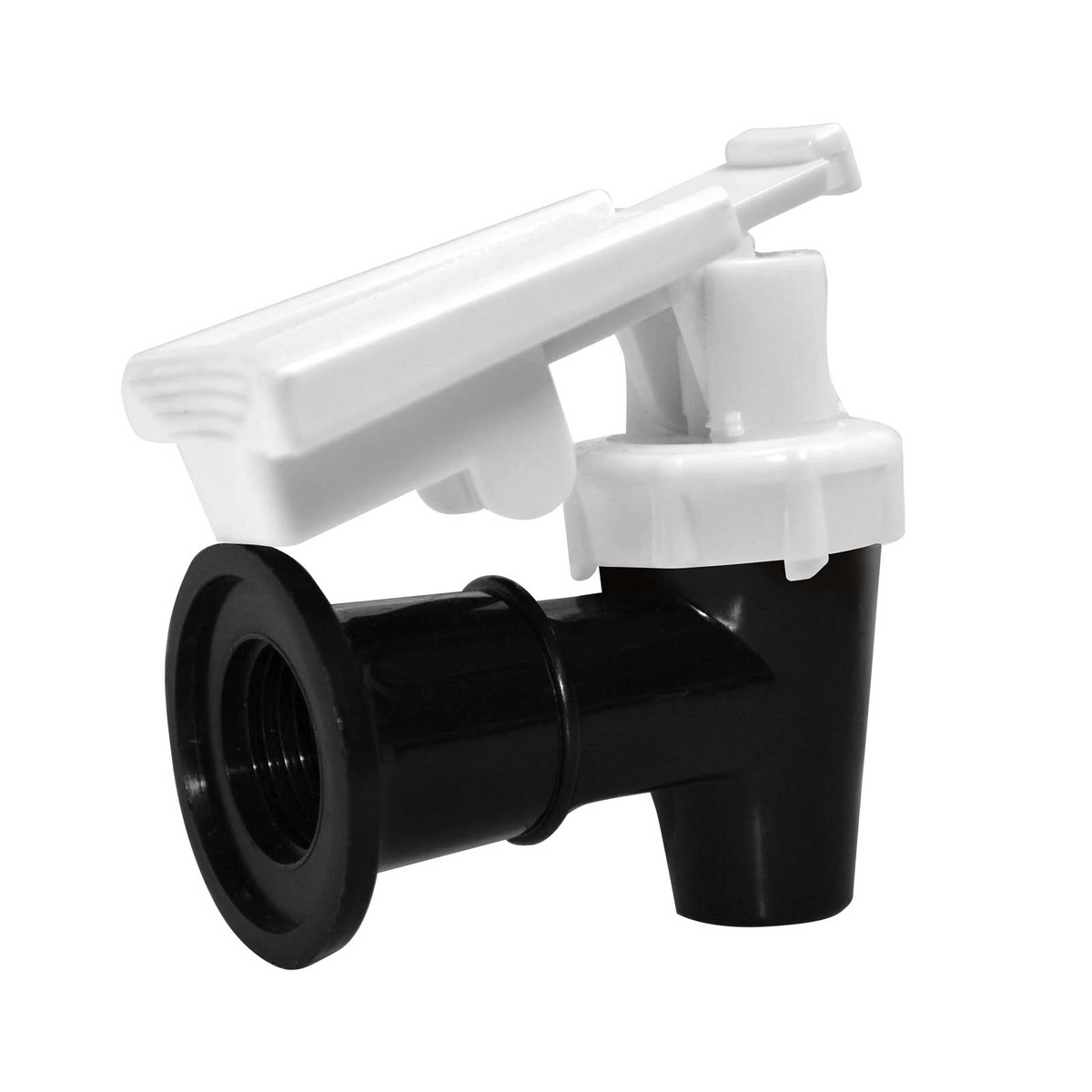 The Water Cooler Replacement Valve With Child Safety Lock features a black base, a child-safe design, and is made from food-grade plastic for safe liquid control from your container.