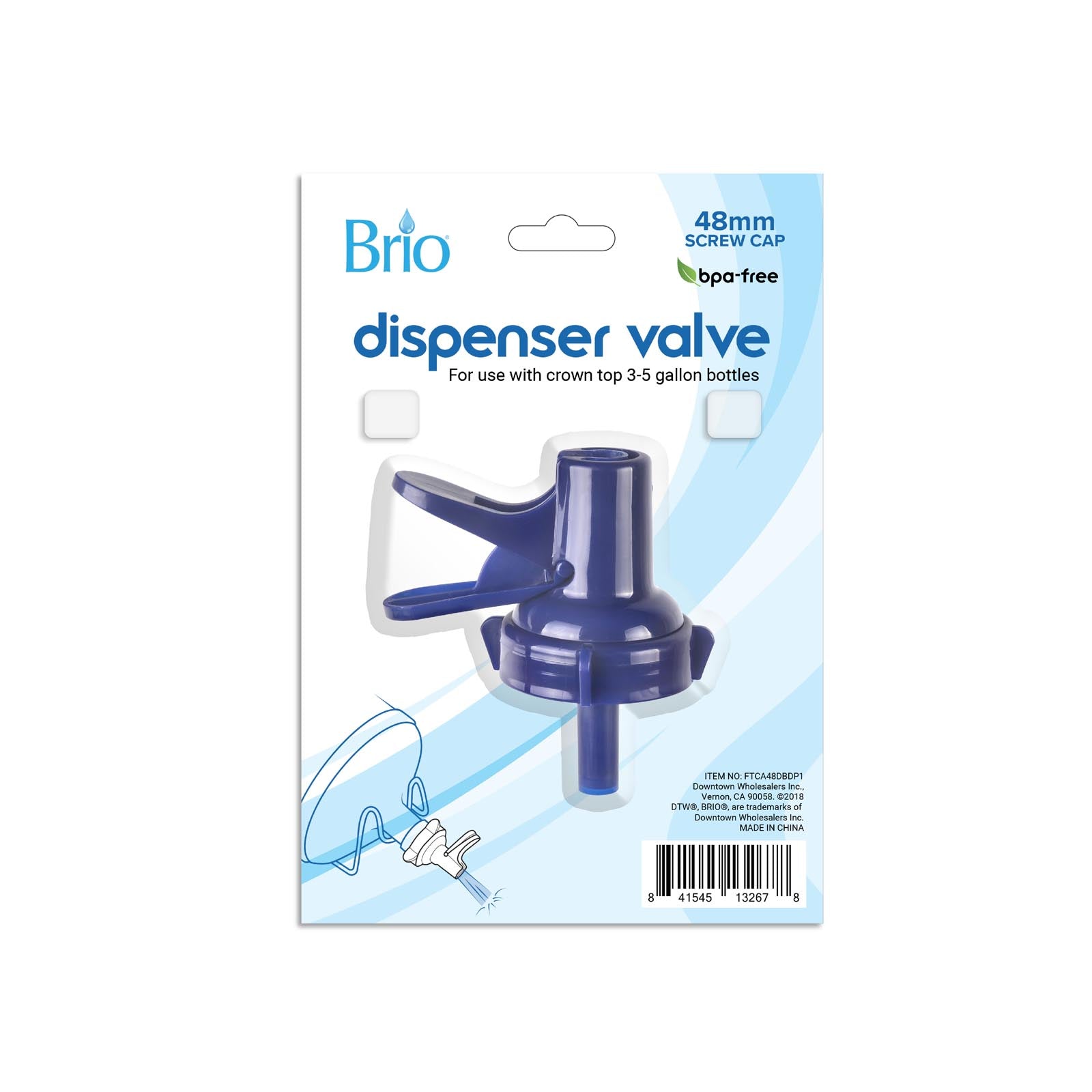 Packaging for the 48MM Dark Blue Screw Top Valve Display Package, designed for 3-5 gallon crown top water bottles with a 48mm screw cap. Features the blue valve, an attachment illustration, and highlights its BPA-free material.