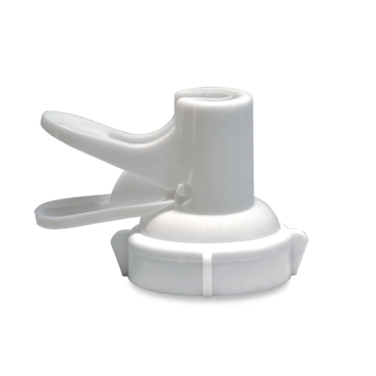 The 48MM White Screw Top Valve Display Package features a BPA-free plastic cap with a flip-up spout and handle for easy pouring and resealing crown top water bottles, shown against a plain white background.