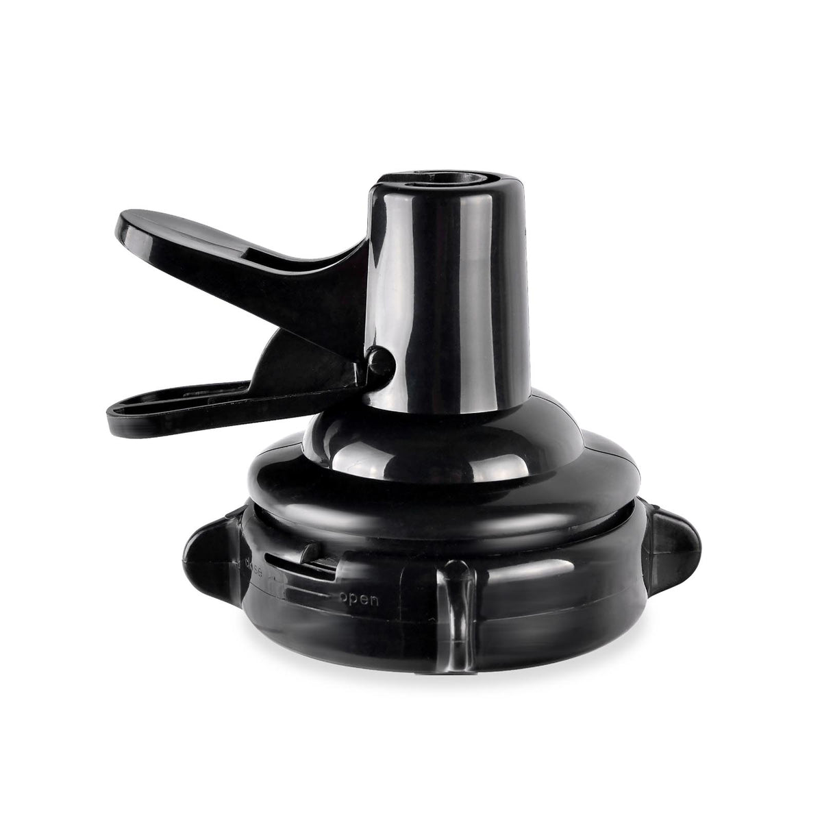 The 55mm Crown Cap Dispensing Valve for Stand (SKU: FTCA55BLK) is a black plastic cap with a flip-up spout and side lever, featuring a secure locking mechanism for easy pouring or drinking.