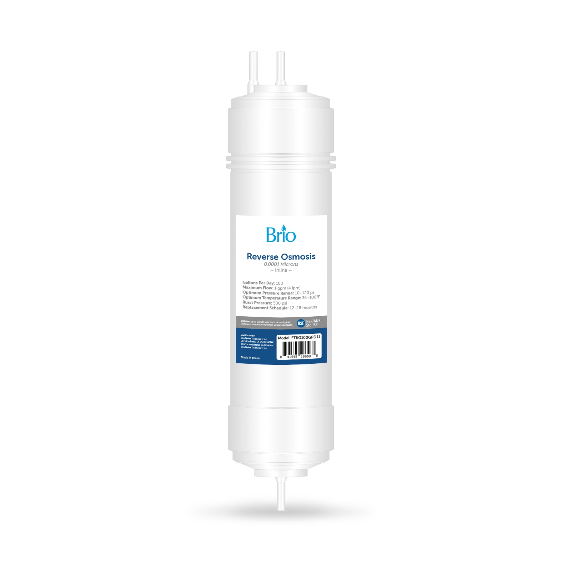 The Brio 11" RO Inline Filter 100GPD is a white cylindrical cartridge with a blue and white label, barcode, and specifications—shown upright on a white background—designed for premium water filtration and purification.