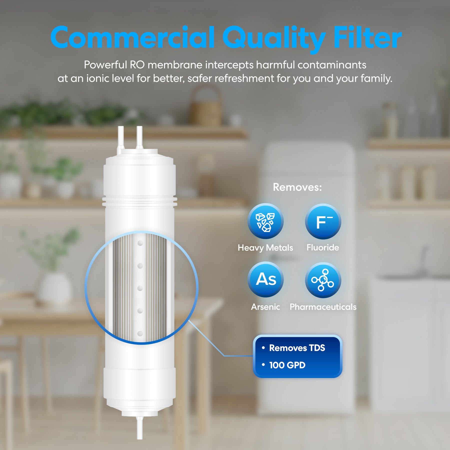 The Brio 11" RO Inline Filter 100GPD is seen in a modern kitchen, featuring commercial-grade purification that removes heavy metals, fluoride, arsenic, pharmaceuticals, and TDS for cleaner water.