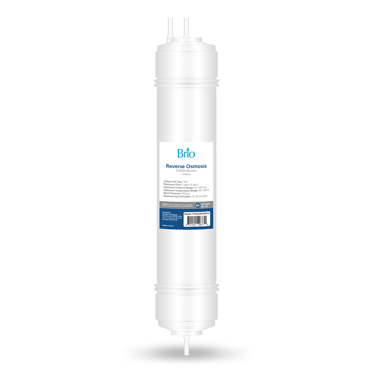 A 14" RO Inline Filter 150GPD water filtration cartridge, white and cylindrical, is shown vertically against a plain white background.