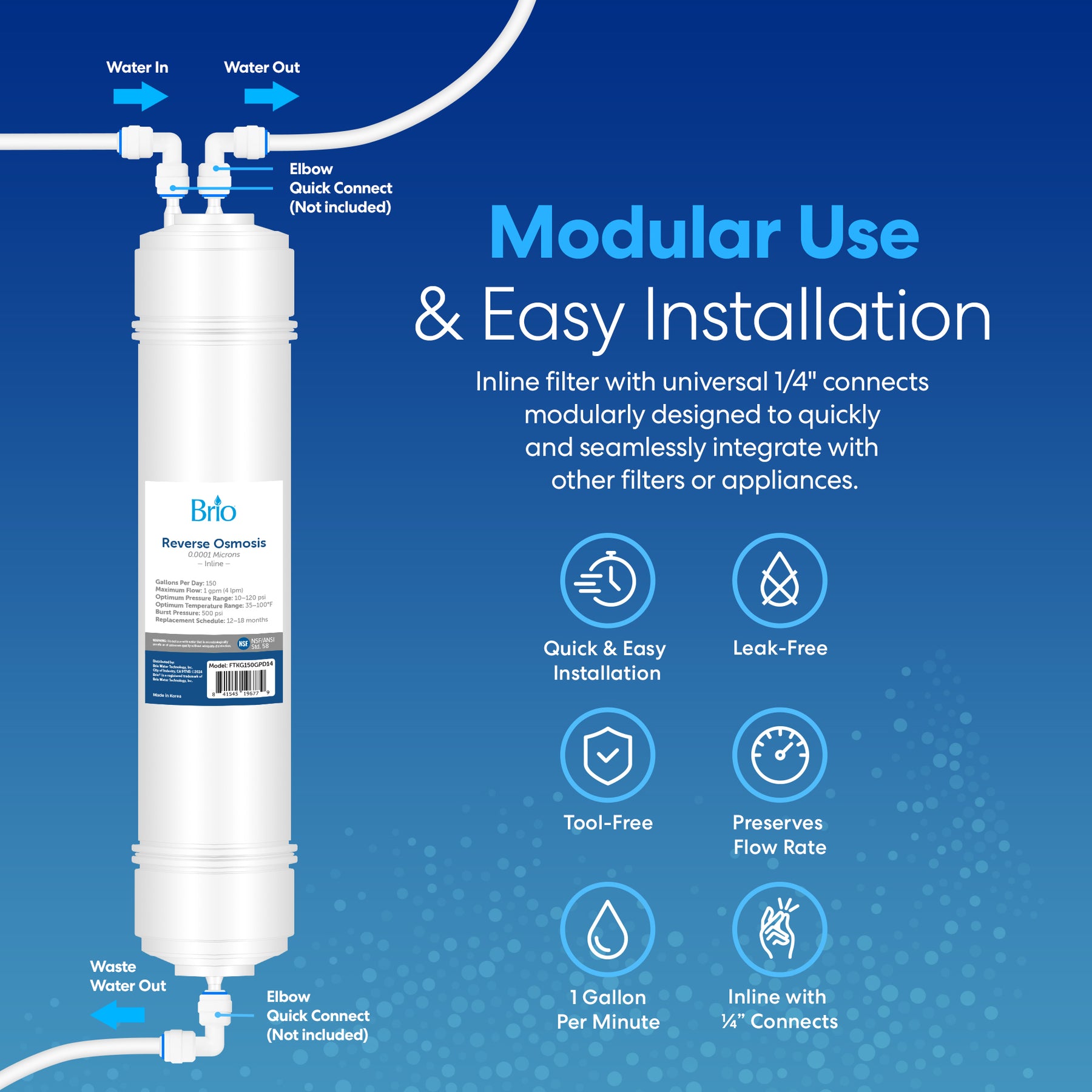 The Brio 14" RO Inline Filter 150GPD features labeled inlets/outlets for easy installation, efficient contaminant removal, modular use, leak-free design, fast flow rate, and universal 1/4" connections—ideal for any RO inline filter system.