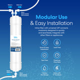 The Brio 14" RO Inline Filter 150GPD features labeled inlets/outlets for easy installation, efficient contaminant removal, modular use, leak-free design, fast flow rate, and universal 1/4" connections—ideal for any RO inline filter system.
