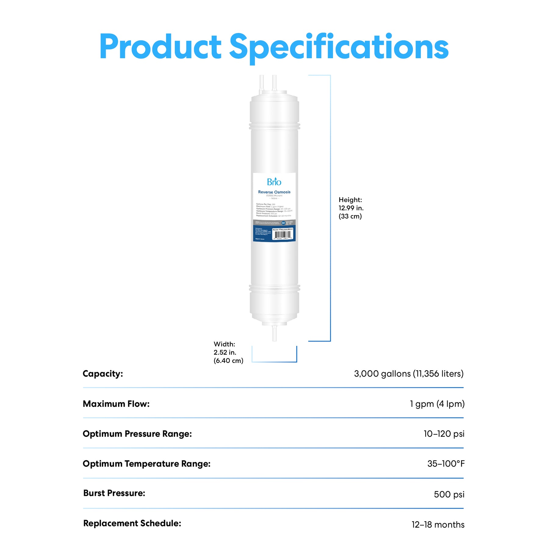 The Brio 14" RO Inline Filter 150GPD features a cylindrical design, measures 12.9 in. (33 cm) high by 2.52 in. (6.40 cm) wide, and includes details on capacity, flow rate, pressure, temperature range, contaminant removal, and replacement schedule.