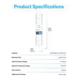 The Brio 14" RO Inline Filter 150GPD features a cylindrical design, measures 12.9 in. (33 cm) high by 2.52 in. (6.40 cm) wide, and includes details on capacity, flow rate, pressure, temperature range, contaminant removal, and replacement schedule.