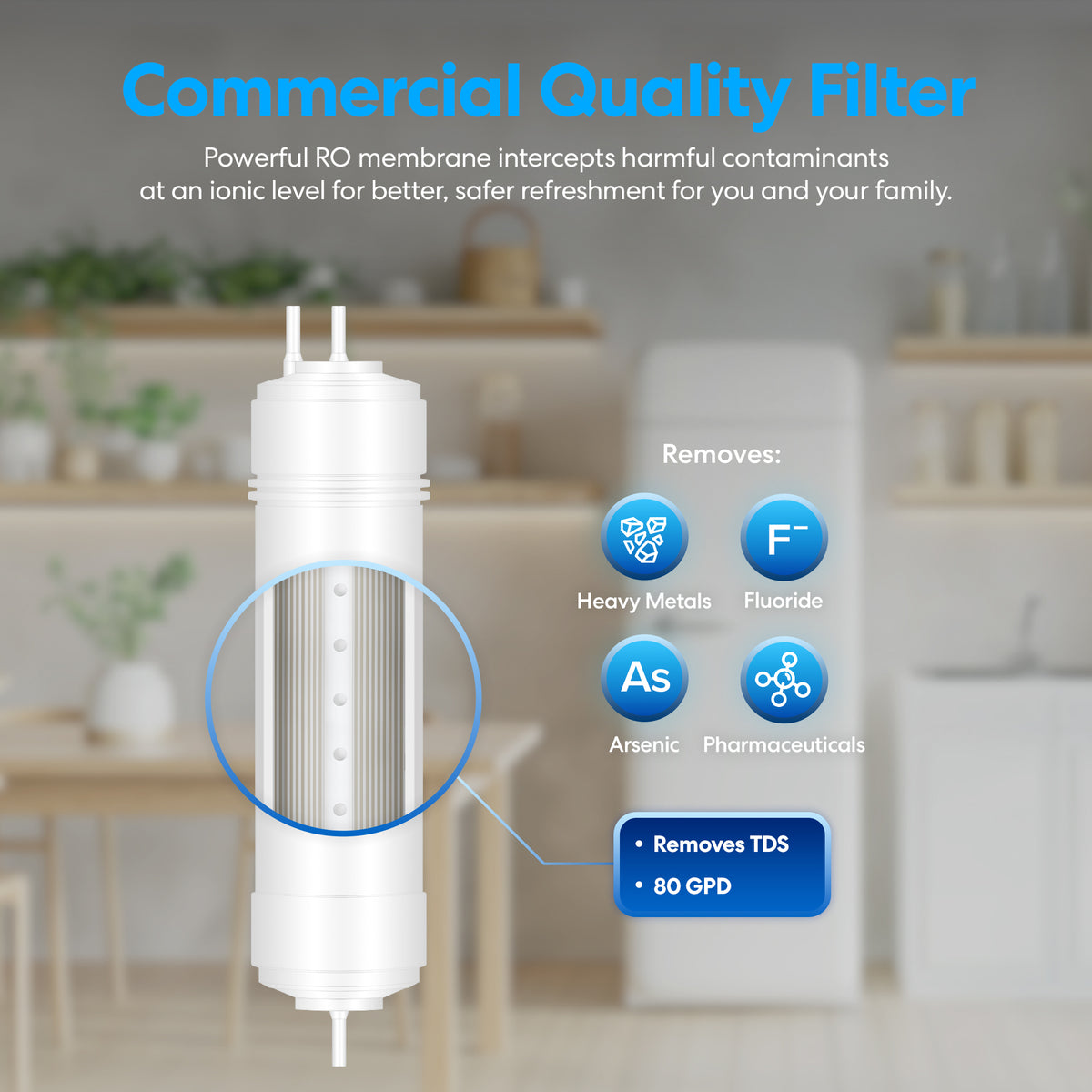 The 14" RO Inline Filter 80GPD is featured in a kitchen, highlighting its premium filtration that removes heavy metals, fluoride, arsenic, pharmaceuticals and reduces TDS with an 80 gallons per day capacity.
