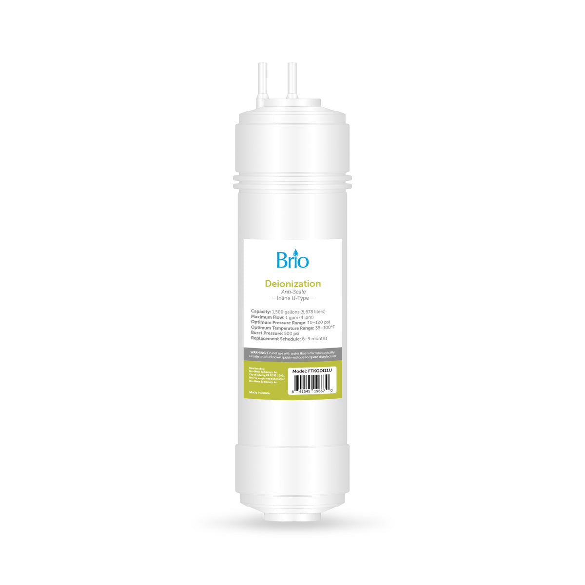 The 11" Deionizing Inline 1/4" U-Type Filter stands upright on a plain white background, featuring a white cartridge labeled with specifications and two connection ports on top for producing ion-free water.
