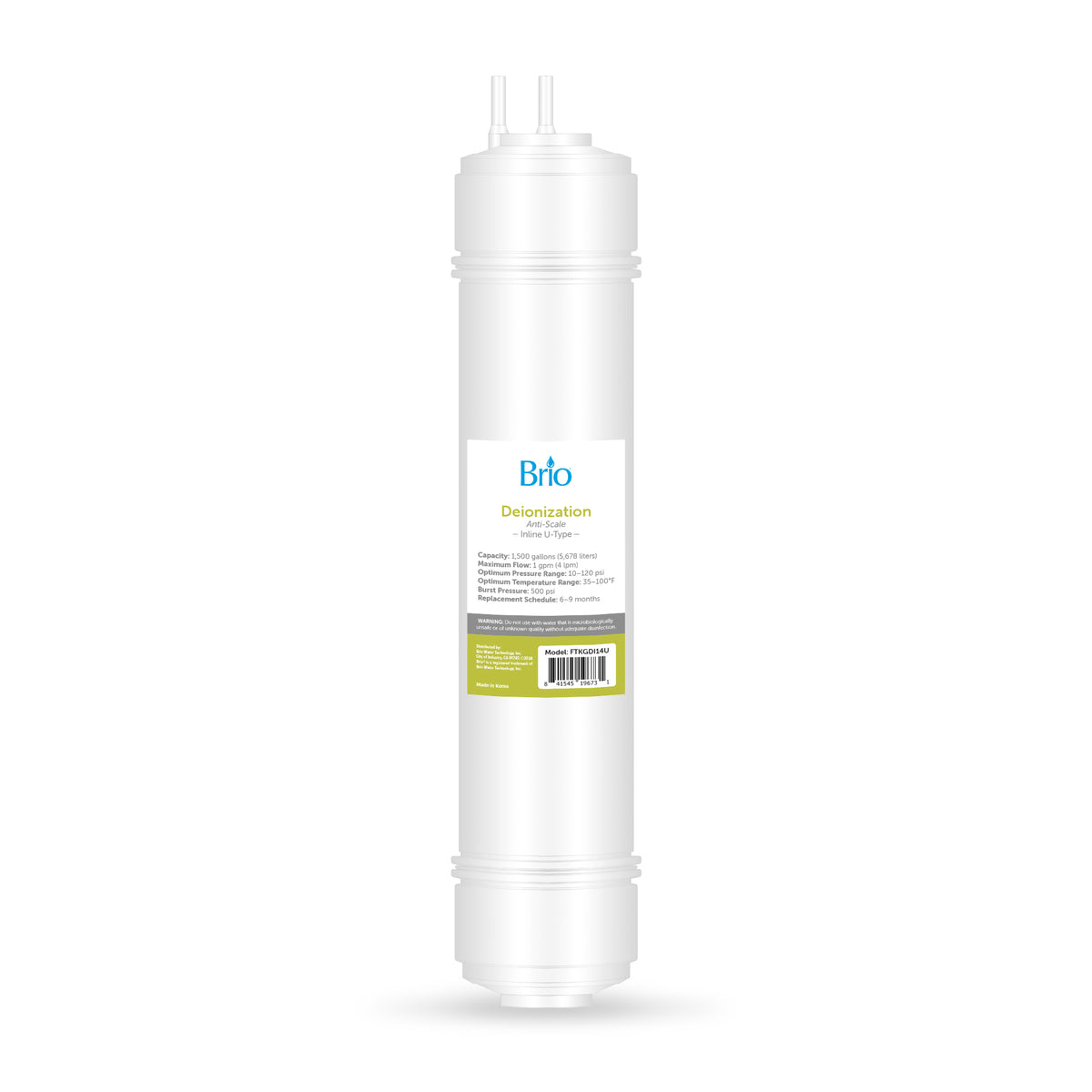 The 14" Deionizing Inline 1/4" U-Type Filter has a cylindrical white body with inlet and outlet ports on top, a central label, and a barcode at the bottom, displayed against a plain white background.