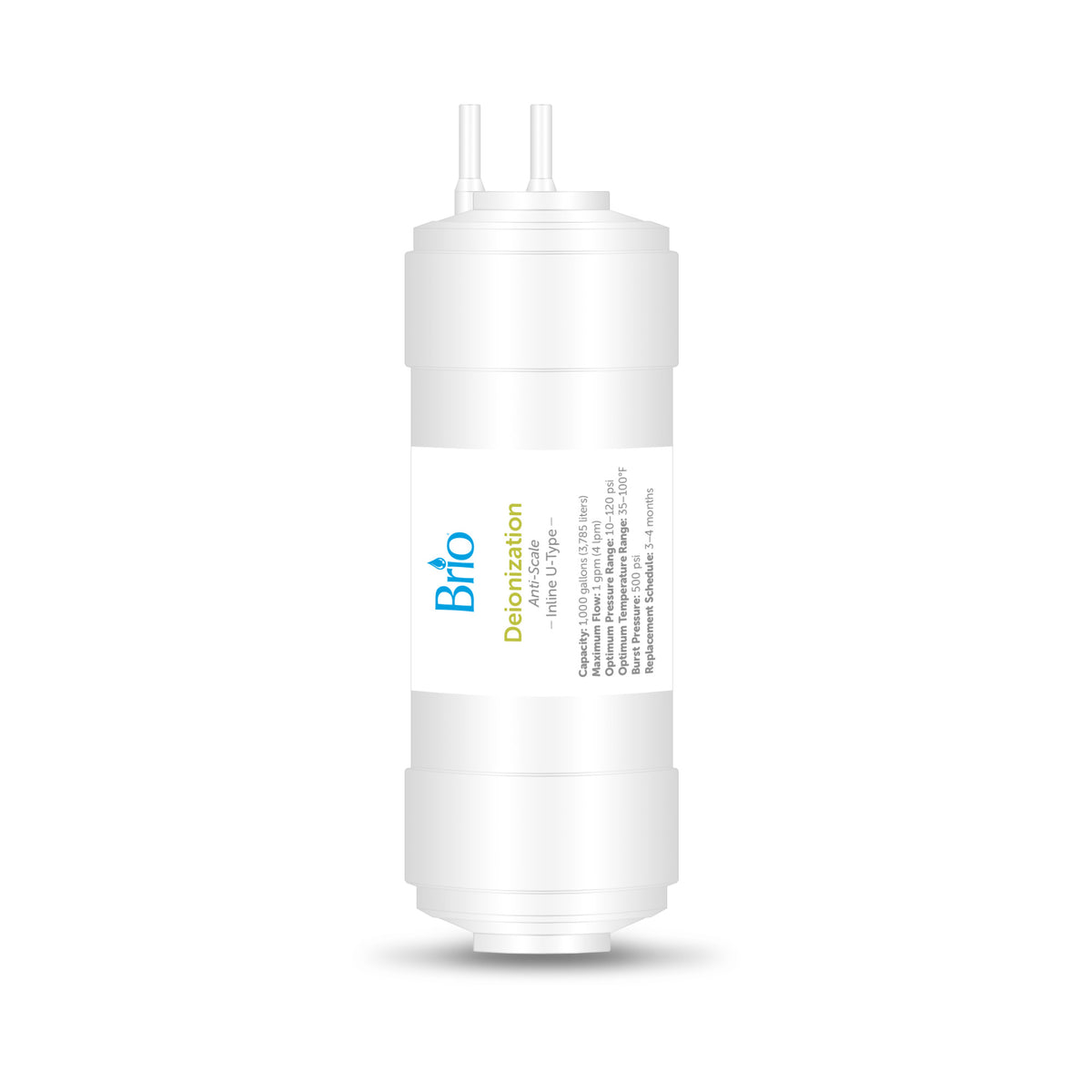 A 6" Deionizing Inline 1/4" U-Type Filter in white, cylindrical shape, with a central label highlighting ion-free water filtration; features 1/4" U-Type connectors on top.