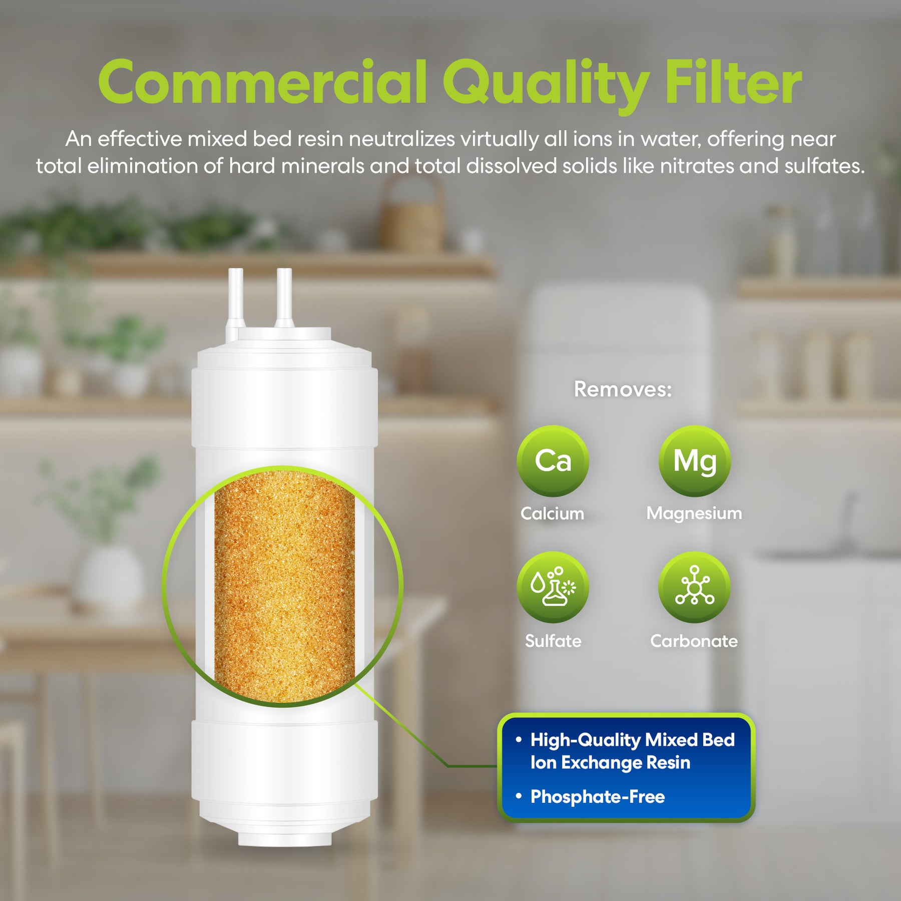 The Brio 6" Deionizing Inline 1/4" U-Type Filter features visible high-quality mixed bed resin, removes calcium, magnesium, sulfate, and carbonate ions for ion-free water, and is phosphate-free.