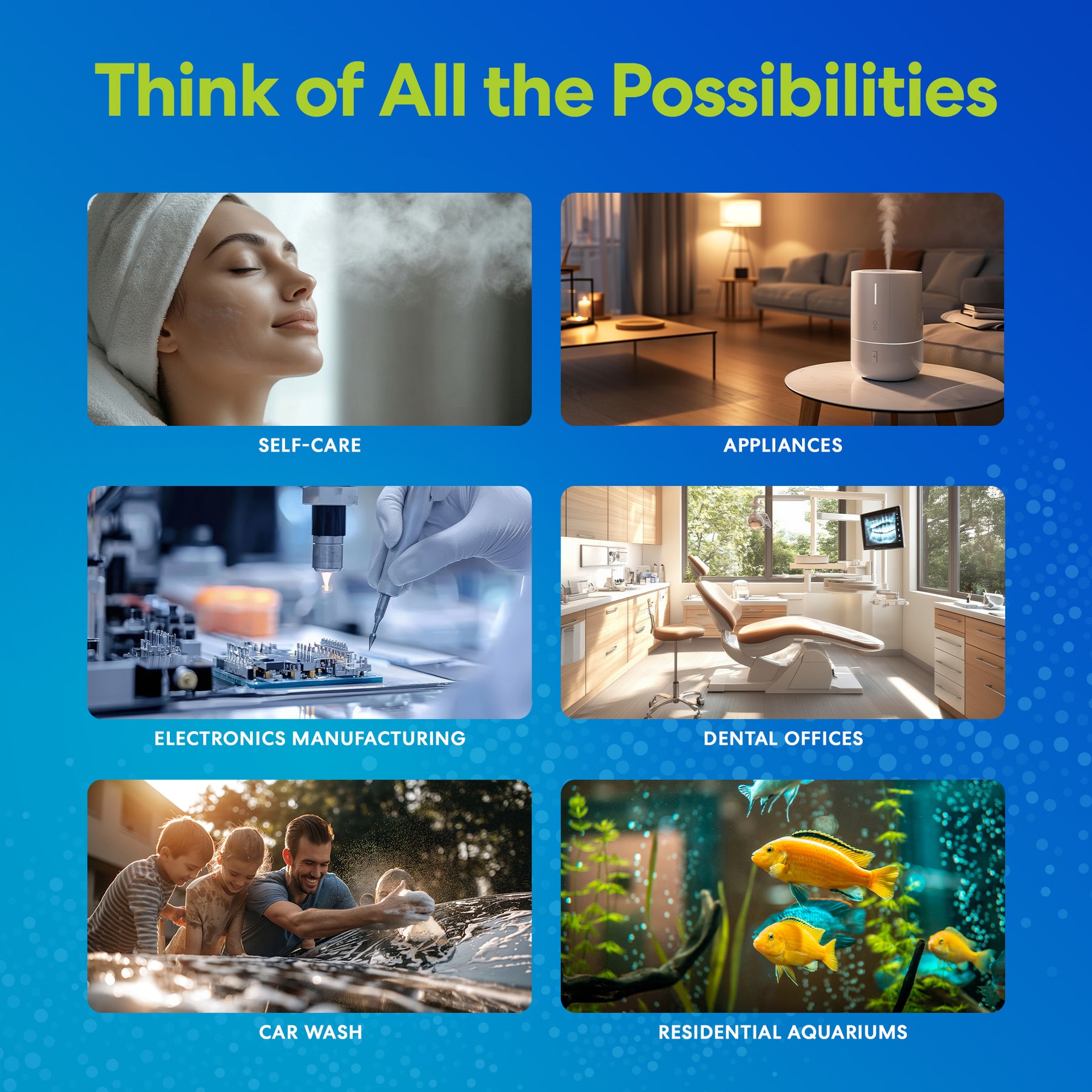 A graphic titled Think of All the Possibilities shows six images—Self-Care, Appliances, Electronics Manufacturing, Dental Offices, Car Wash, and Aquariums—highlighting ion-free water uses from the Brio 6" Deionizing Inline 1/4" U-Type Filter.