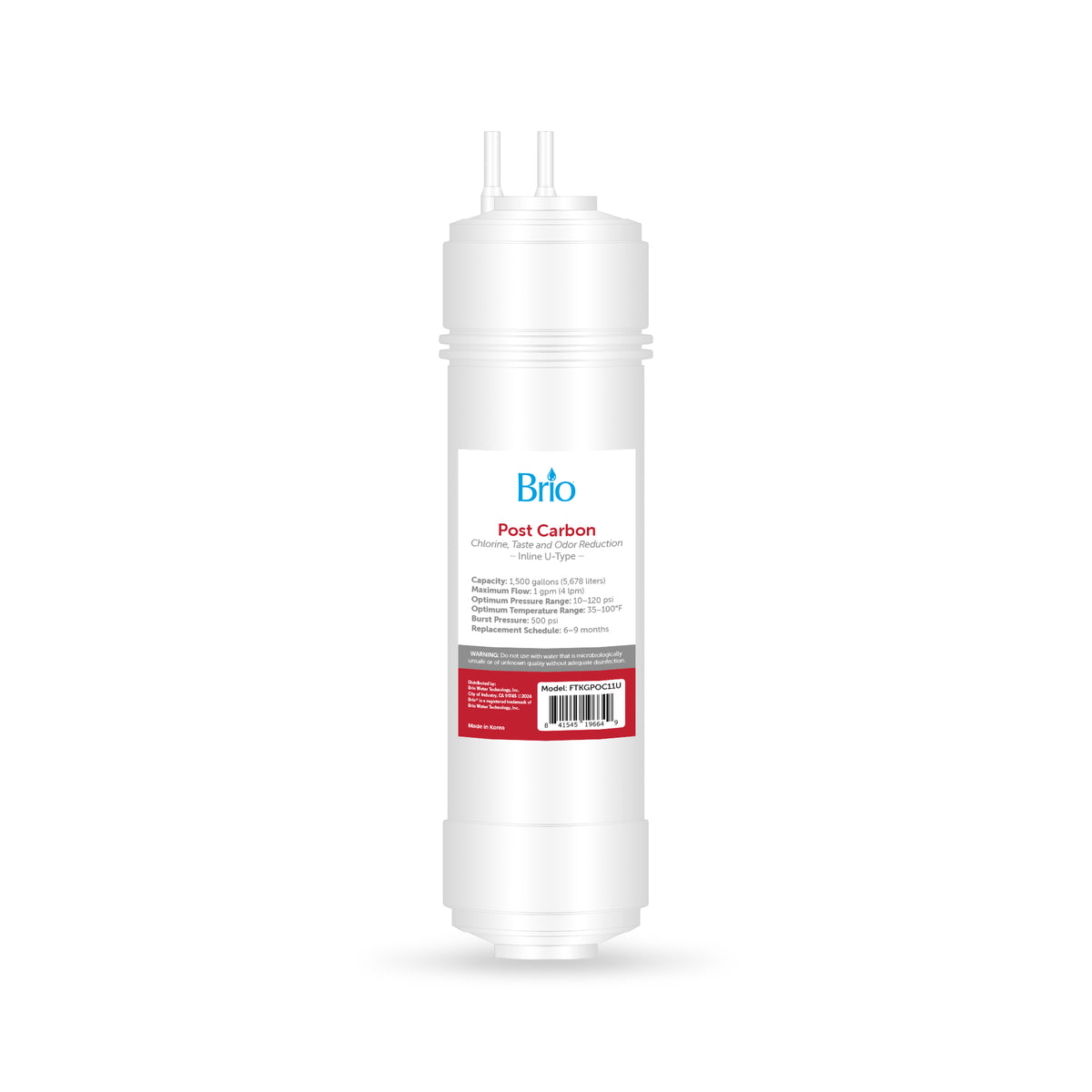 The 11" Post Carbon Inline 1/4" U-Type Filter is a white cylindrical cartridge with an activated coconut carbon filter, top 1/4" connection ports, a central product label, and a red barcode section near the bottom.