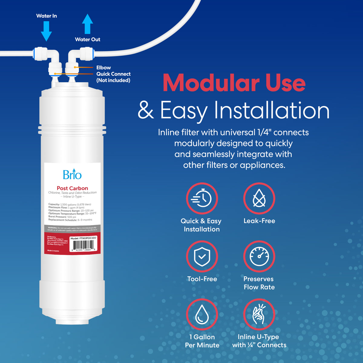 The 11" Post Carbon Inline 1/4" U-Type Filter features labeled “In” and “Out” ports, activated coconut carbon filtration, tool-free setup, modular use, leak-free design, 1 GPM flow rate, and is compatible with 1/4" connectors.