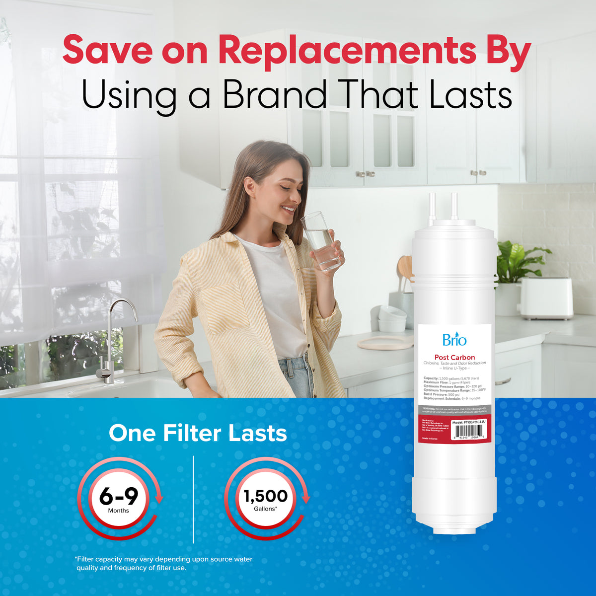 A woman smiles while drinking water in her kitchen. Text above reads, “Save on Replacements By Using a Brand That Lasts.” Below: 11" Post Carbon Inline 1/4" U-Type Filter—lasts 6-9 months or 1,500 gallons with activated coconut carbon.