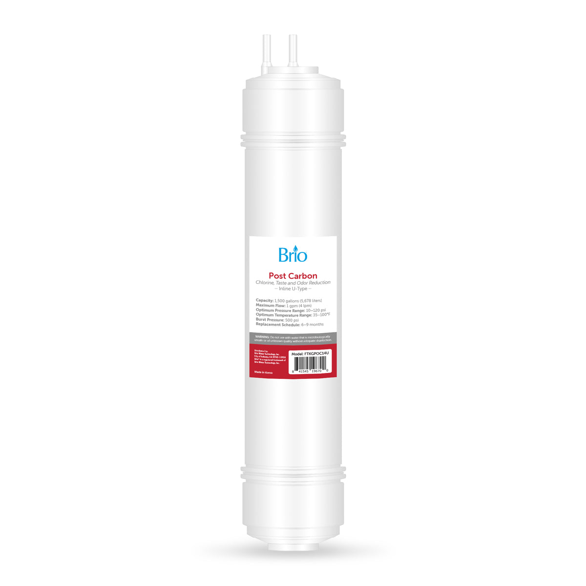 The 14" Post Carbon Inline 1/4" U-Type Filter is a white, cylindrical filter with top nozzles that uses activated coconut carbon to purify water, and has a red and white central label displaying product information.