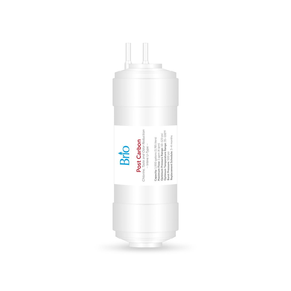 A white cylindrical 6" Post Carbon Inline 1/4" U-Type Filter cartridge with inlet/outlet ports on top features a branded label, uses activated coconut carbon block, and is isolated on a white background.