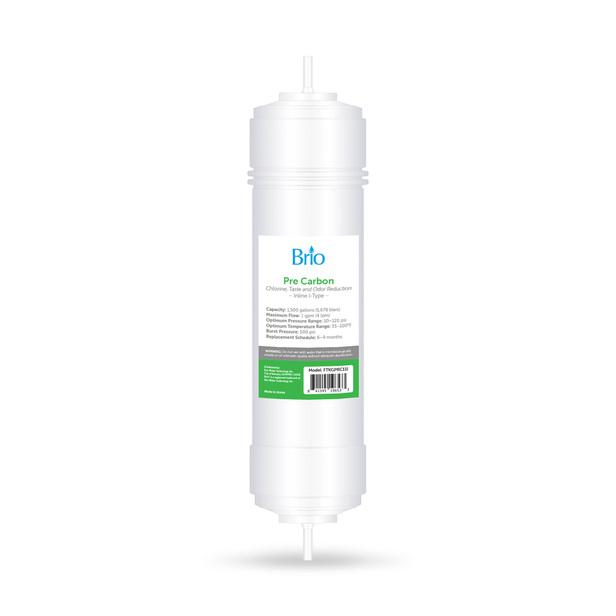 The 11" Pre Carbon Inline 1/4" I-Type Filter is a cylindrical cartridge with a white body, central label with green and black text, and connectors at both ends, displayed against a plain white background.