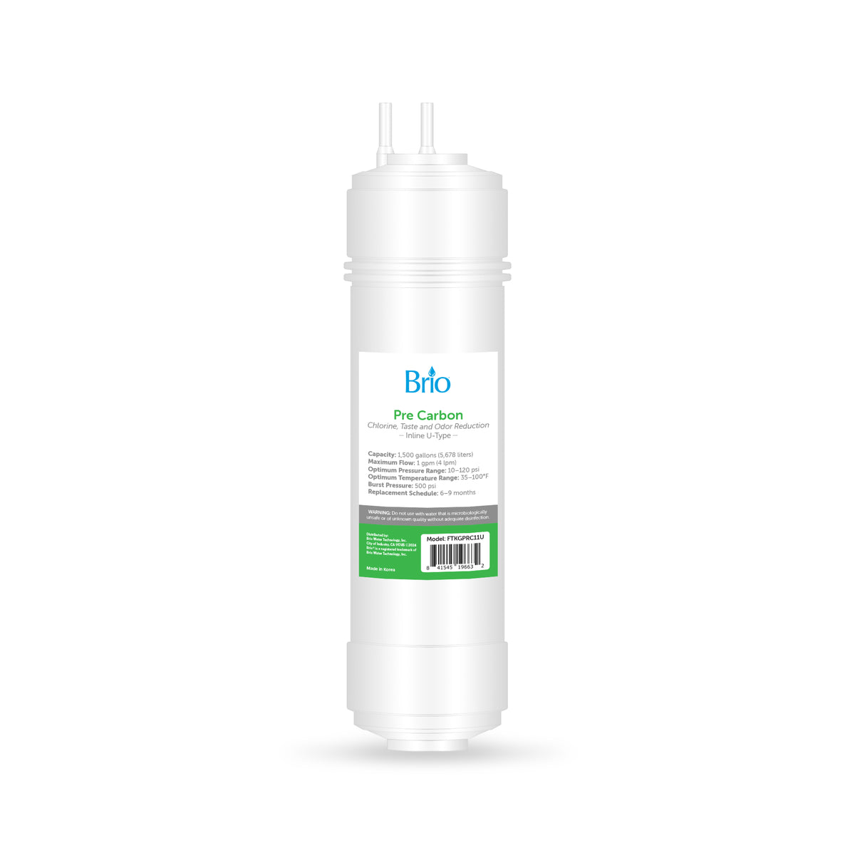 The 11" Pre Carbon Inline 1/4" U-Type Filter is shown vertically on a white background, featuring labeled instructions and a green bar code area. This white Brio cartridge is perfect as a refrigerator water filter replacement.