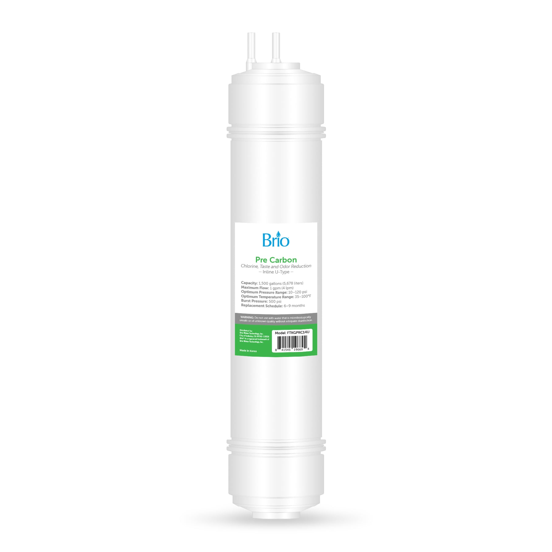 The Brio 14" Pre Carbon Inline 1/4" U-Type Filter features a cylindrical design with white ends, a green center label, and 1/4" U-Type connection on one end, shown standing upright on a white background for water filtration.