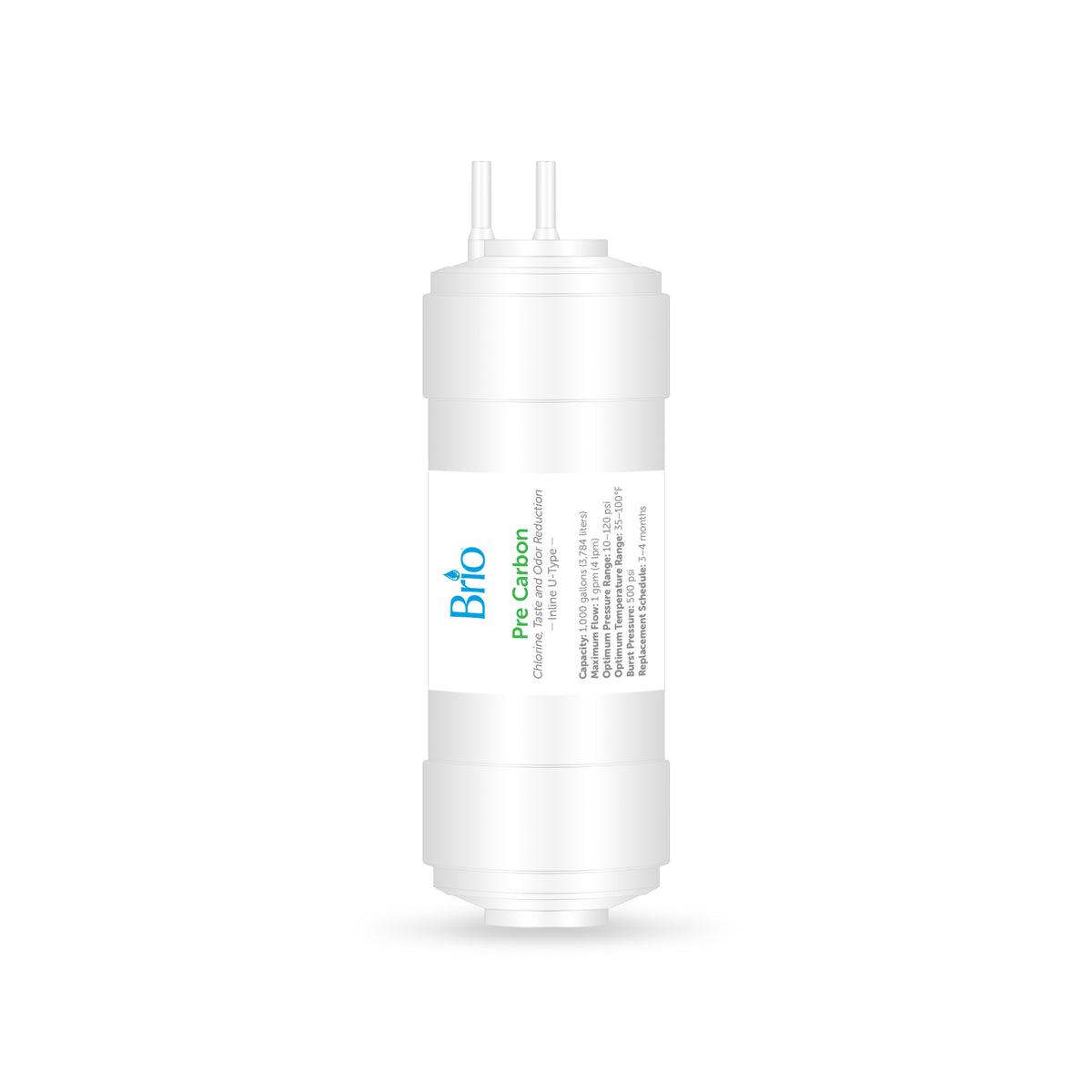 The 6" Pre Carbon Inline 1/4" U-Type Filter features a white cylindrical body, small inlet and outlet tubes on top, and a label with product details—making it ideal for use as a refrigerator water filter.