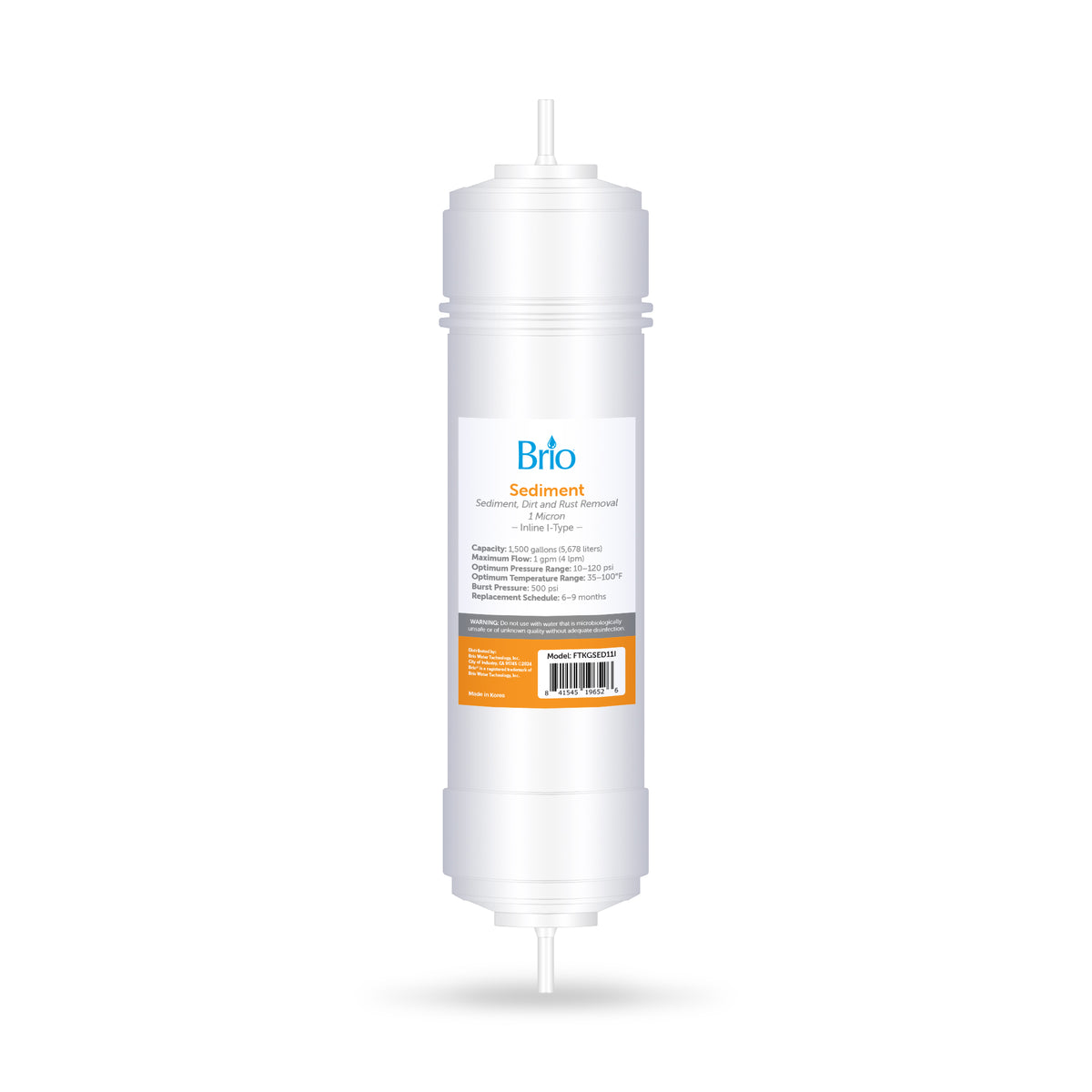 The 11" Sediment Inline 1/4" I-Type Filter features a white cylindrical casing with labeled details and 1/4" I-Type inline connectors on both ends, shown vertically against a plain white background.