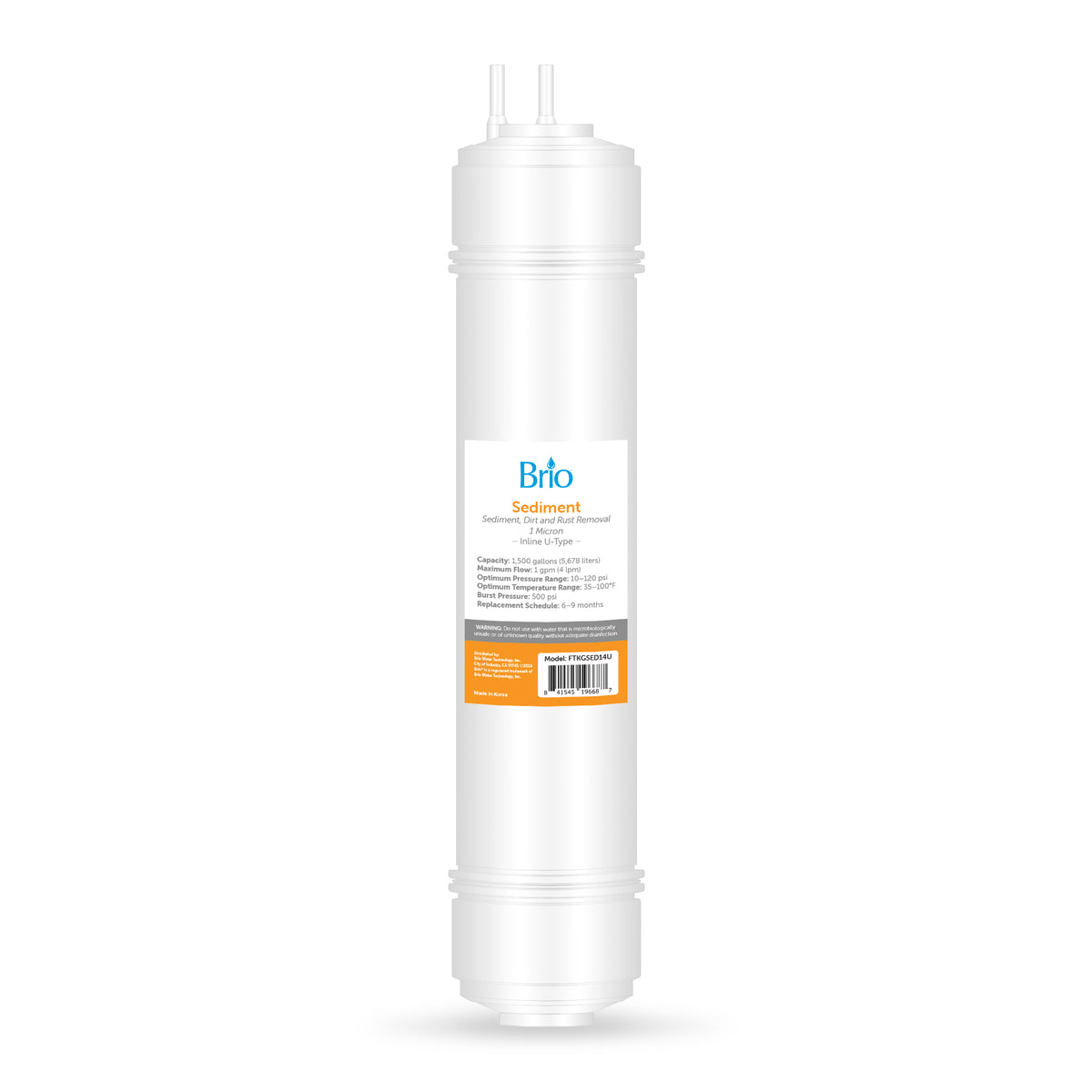 A white cylindrical 14" Sediment Inline 1/4" U-Type Filter features top 1/4" U-Type ports, an orange and white center label, and product information printed on the label.
