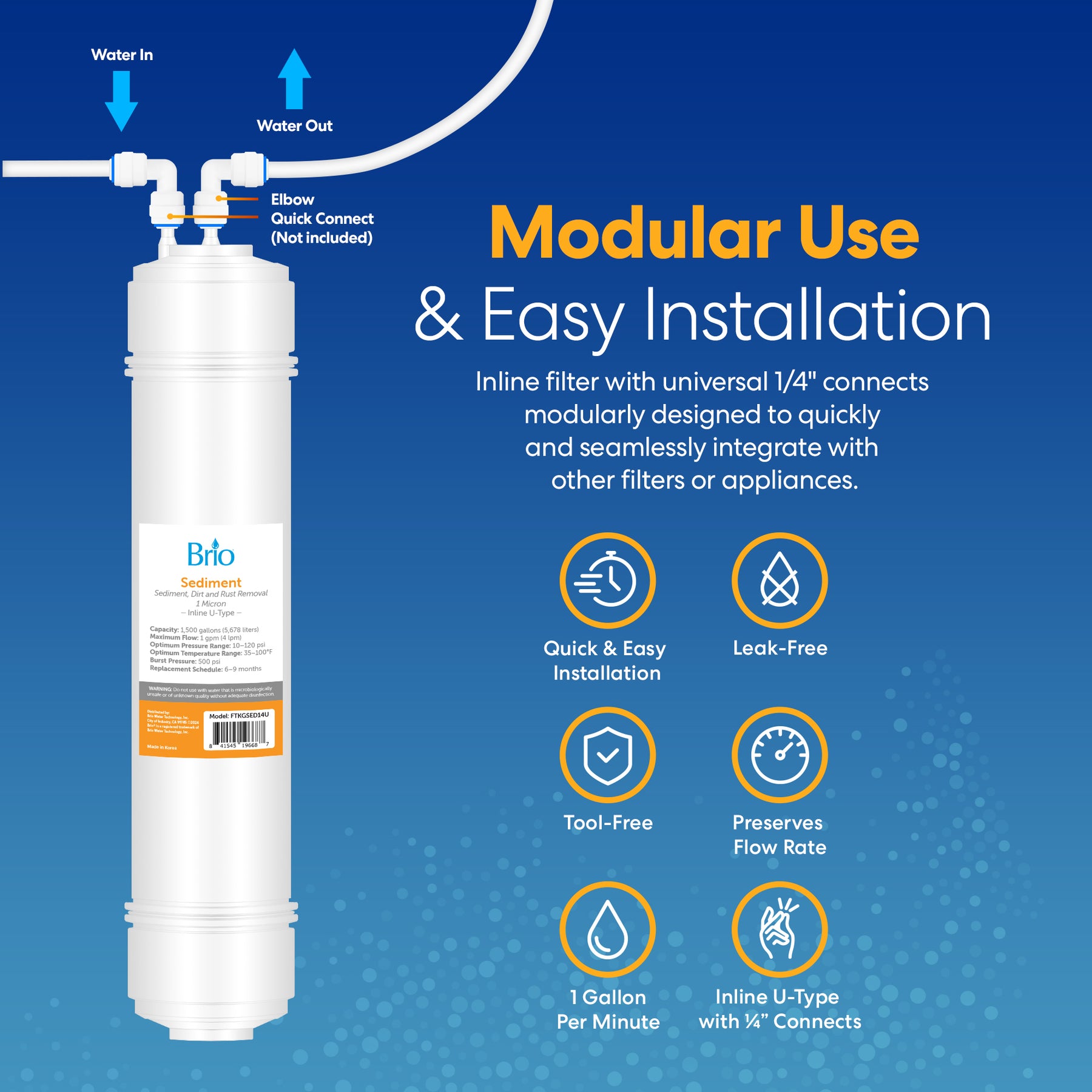 Image features the Brio 14" Sediment Inline 1/4" U-Type Filter with connection tubing. Text highlights its modular use, easy tool-free installation, leak-free design, 1 GPM flow rate, and effective sediment filtering for water systems.