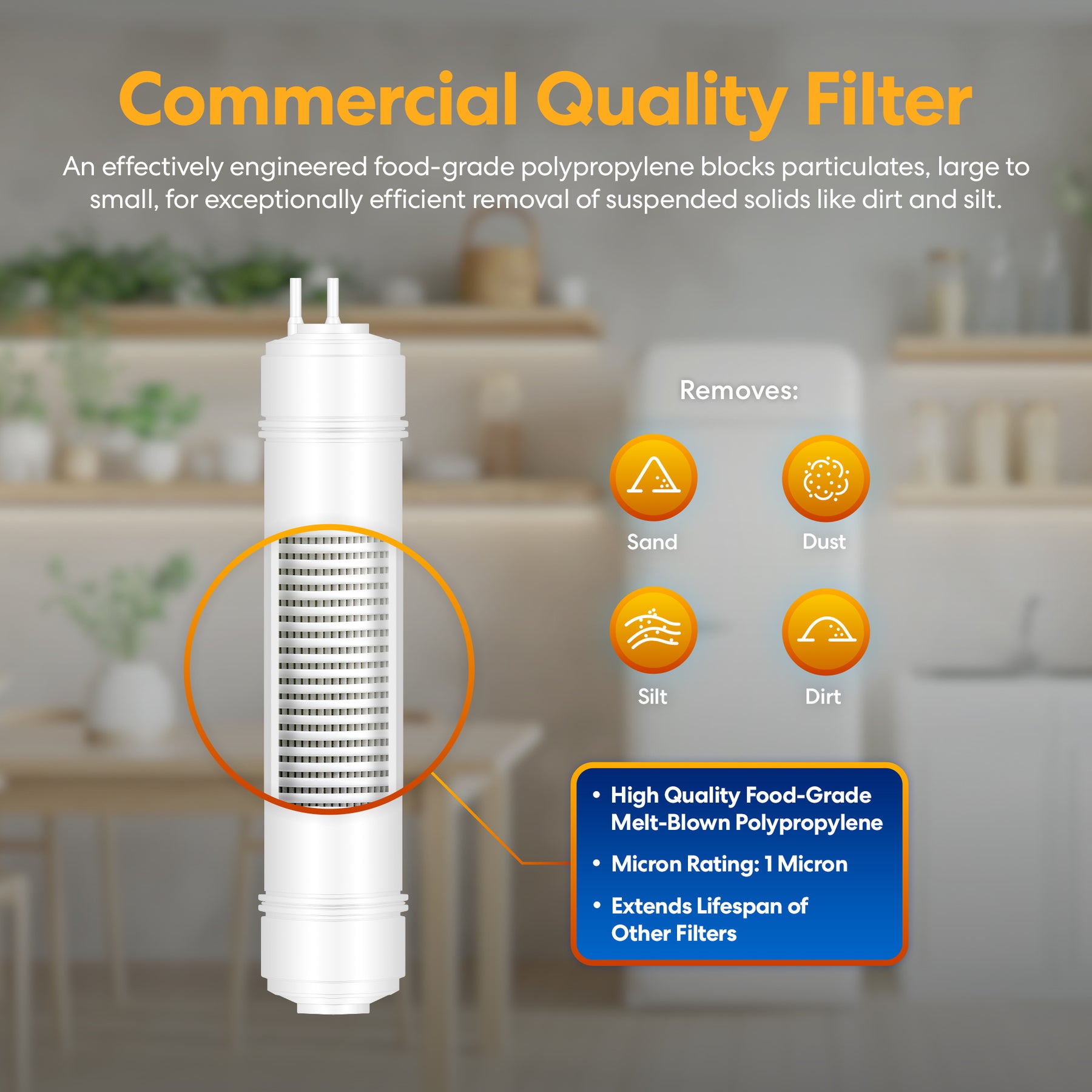 A Brio 14" Sediment Inline 1/4" U-Type Filter is shown in a kitchen setting. Icons illustrate removal of sand, dust, silt, and dirt. Features include high-quality polypropylene, 1-micron rating, and long lifespan for water filtration systems.