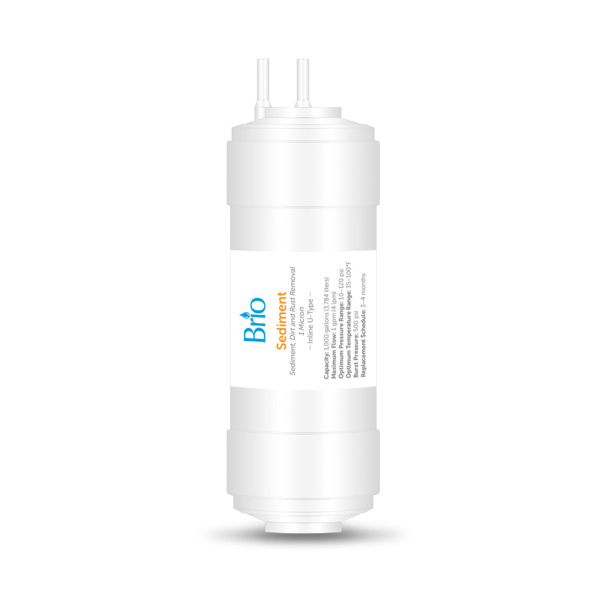 A 6" Sediment Inline 1/4" U-Type Filter with a white body, labeled with technical details and top inlet/outlet connections, designed for inline water filtration, shown against a plain white background.