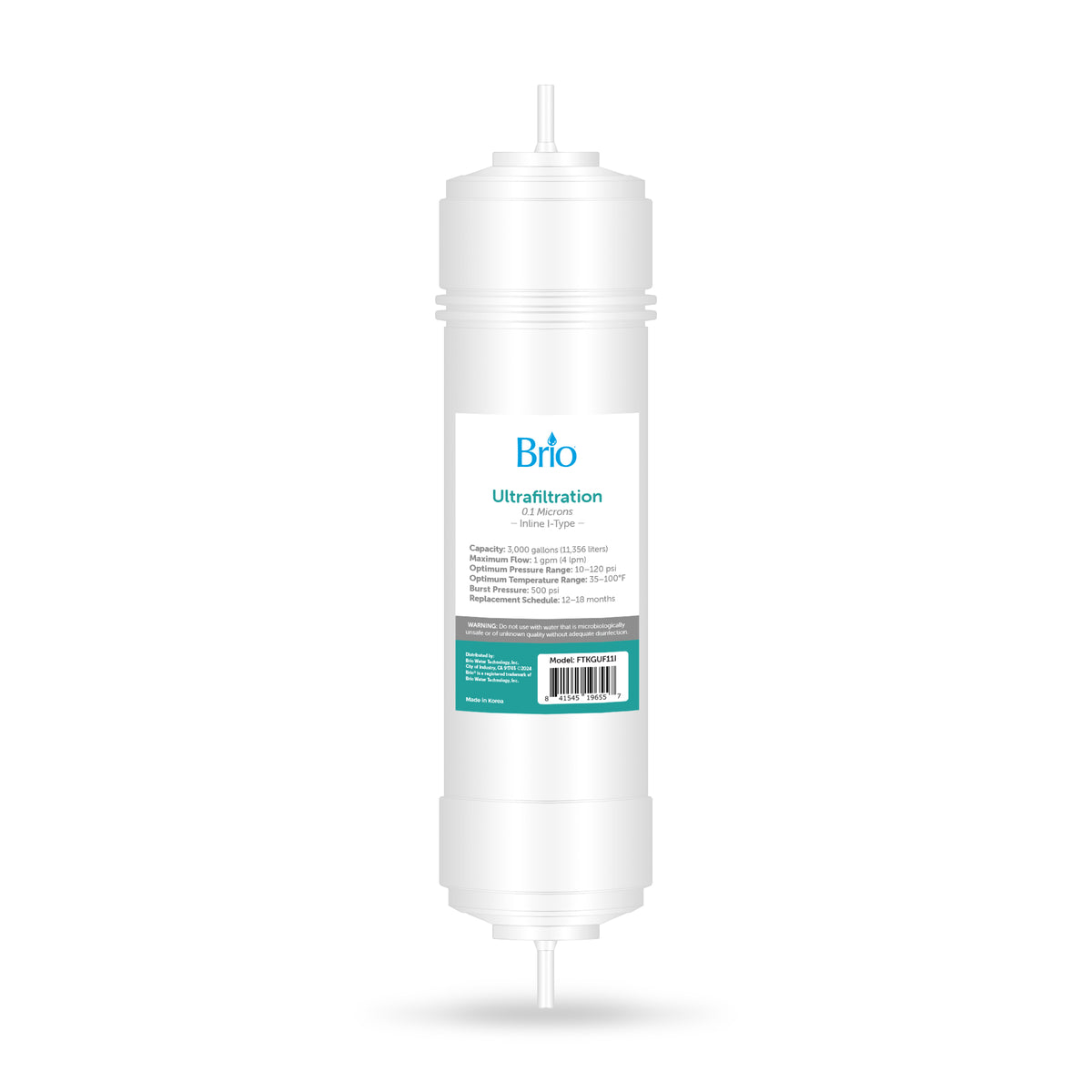 A white cylindrical 11" Deionizing Inline 1/4" I-Type Filter stands vertically on a white background, displaying its advanced filtration role with product details and barcode visible on the label.
