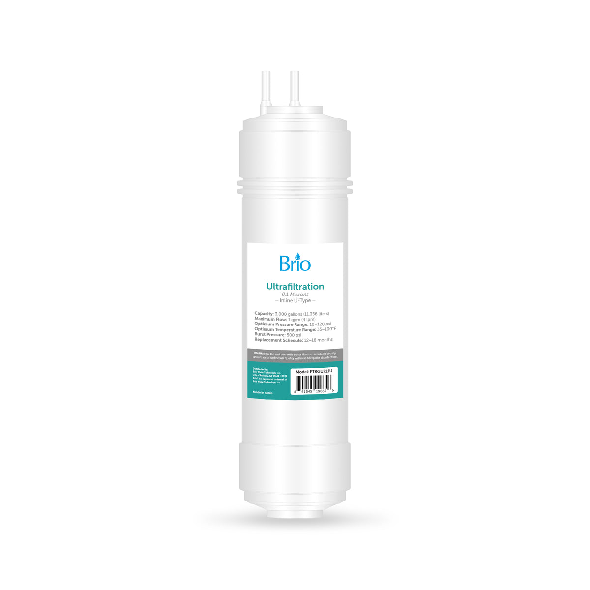 A white 11" Ultrafiltration Inline 1/4" U-Type Filter stands upright against a plain white background, featuring a label with specifications and a barcode. This filter delivers efficient, high-quality water purification.
