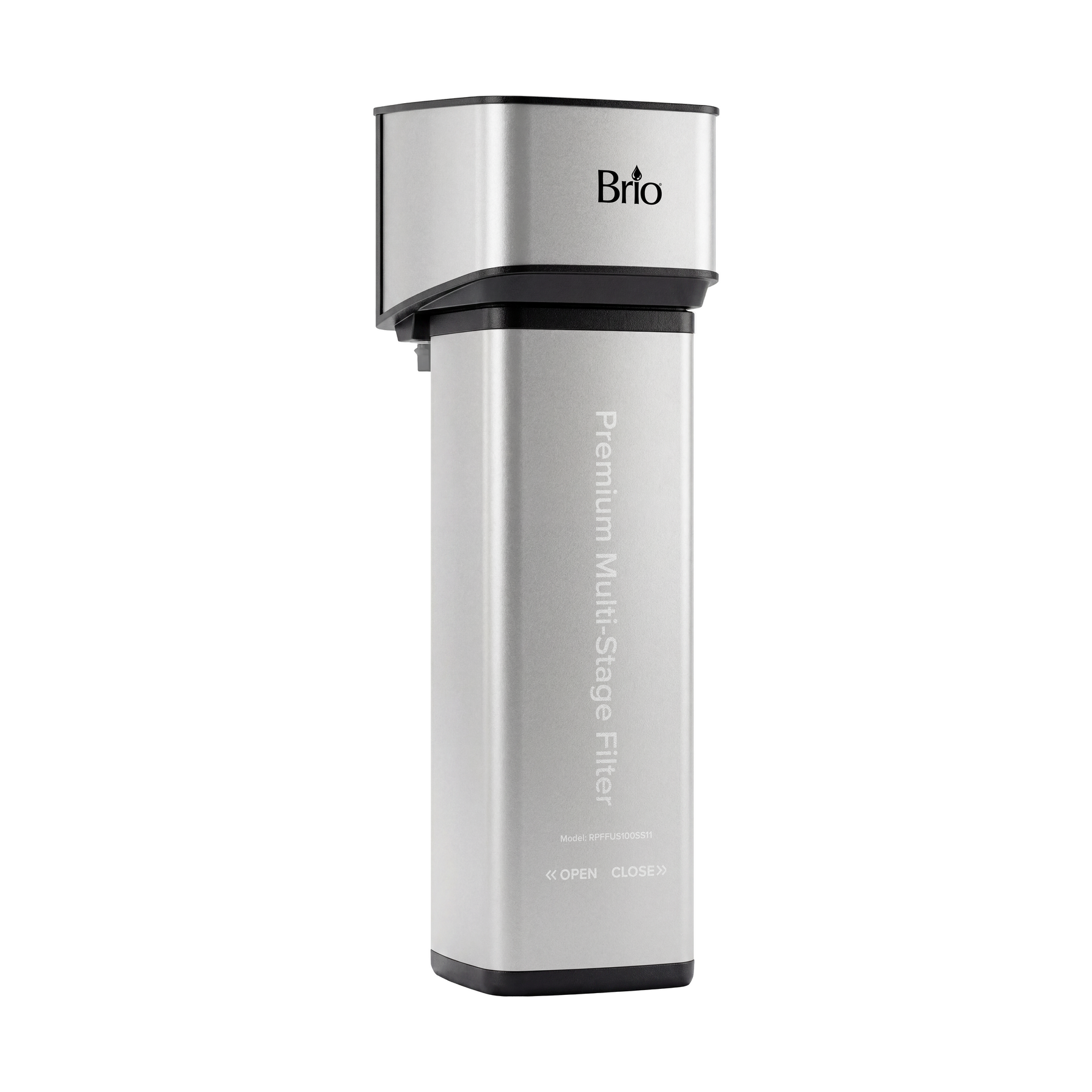 A rectangular, silver 11″ Premium Under Sink Filter PFAS-Reduction System with black accents stands upright against a white background. NSF certified, this filter features a sleek, modern design with clear labeling on its front surface.