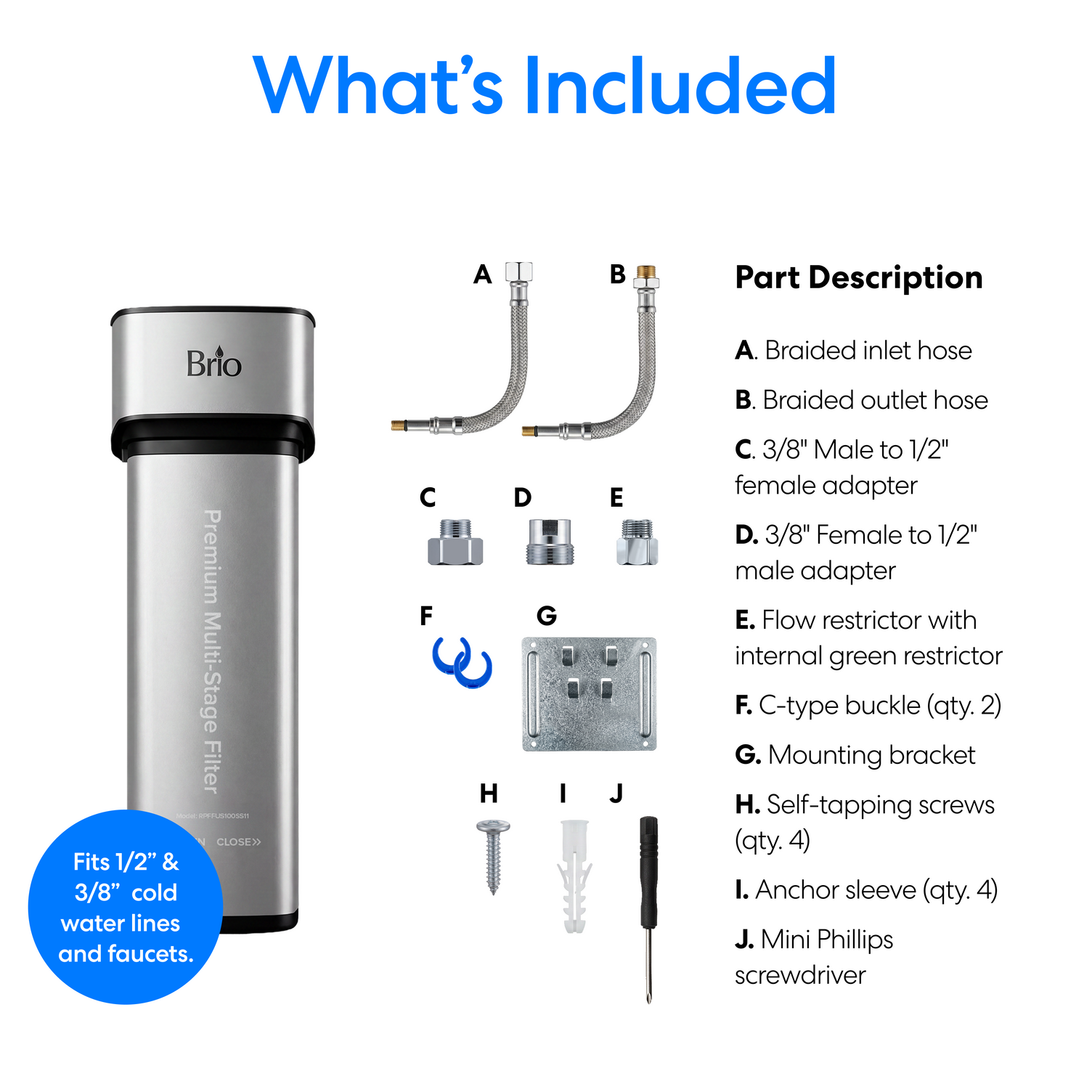 An image of all the components that comprise the Brio 11″ Premium Under Sink Filter PFAS-Reduction System including the mounting hardware, adaptors and other parts on a white background.