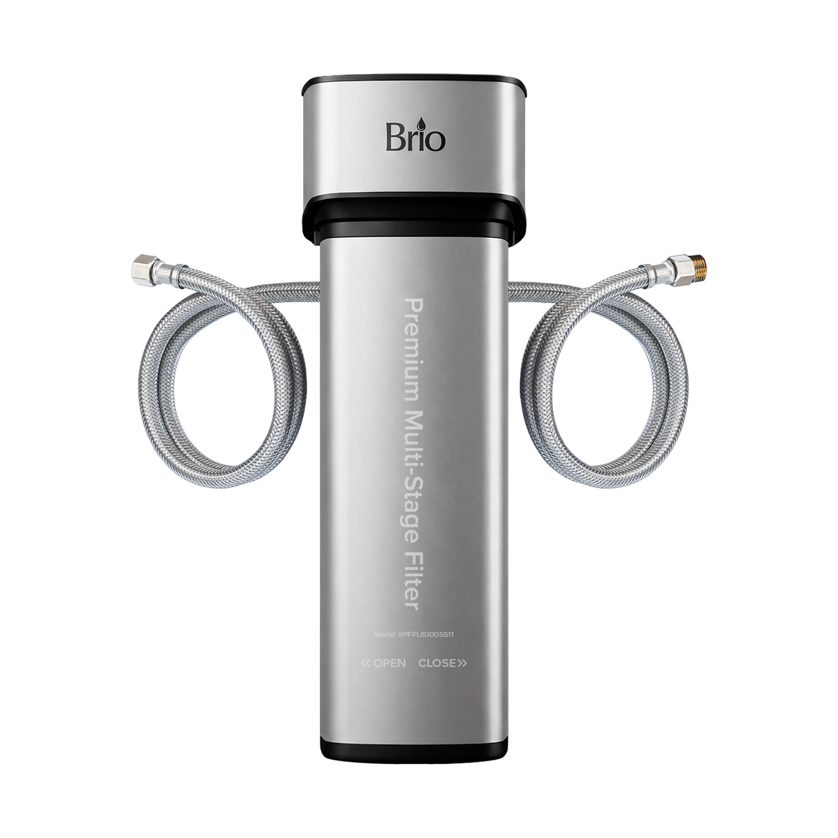 A rectangular, silver 11″ Premium Under Sink Filter PFAS-Reduction System with connection lines and black accents stands upright against a white background. NSF certified, this filter features a sleek, modern design with clear labeling on its front surface.
