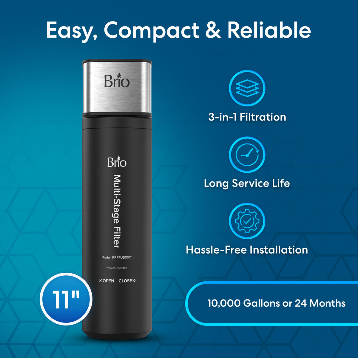 The 11" High Capacity All-in-One Under Sink Water Filter is featured on a blue background with icons highlighting its 3-stage filtration, long-lasting 10,000-gallon or 24-month lifespan, easy installation, and compact design.